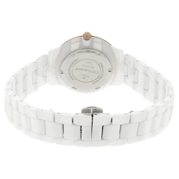 Titan Quartz Analog Mother of Pearl Dial Ceramic Strap Watch for Women 95017kc01
