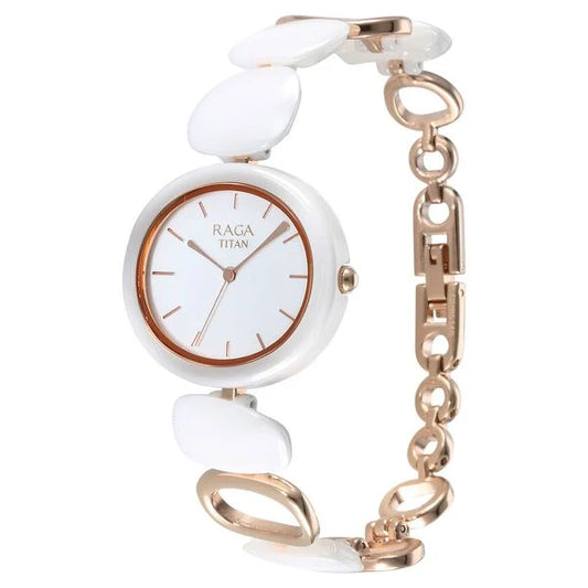 Titan Raga Ceramics Quartz Analog White Dial Metal & Ceramic Strap Watch For Women nu95146kd05