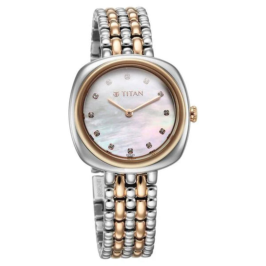 Titan Aura Quartz Analog White Mother Of Pearl Dial Rose Gold and Silver Stainless Steel Strap Watch for Women nt95241km01