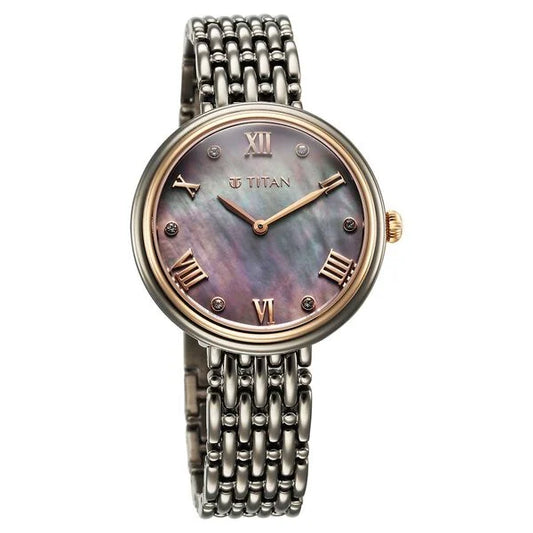 Titan Aura Quartz Analog Titanium Mother of Pearl Dial Titanium Stainless Steel Strap Watch for Women nt95243km01