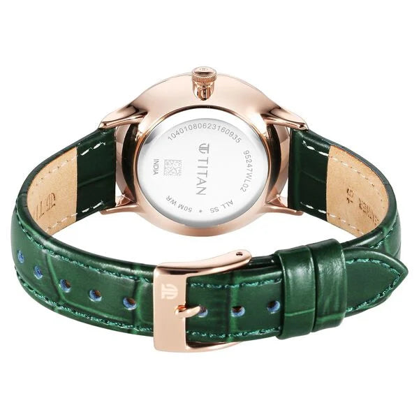 Titan Bright Leathers Green Dial Analog with Date Leather Strap Watch for Women nt95247wl02