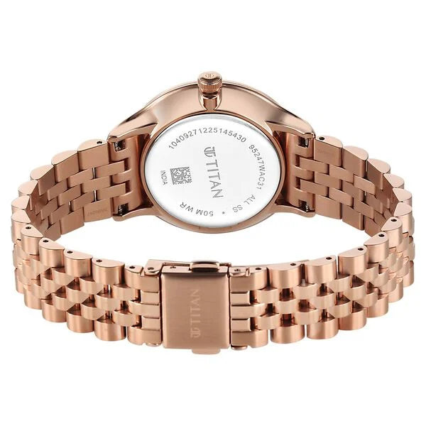 Titan Purple Prestige Quartz Analog with Date White Dial Rose Gold Stainless Steel Strap Watch For Women