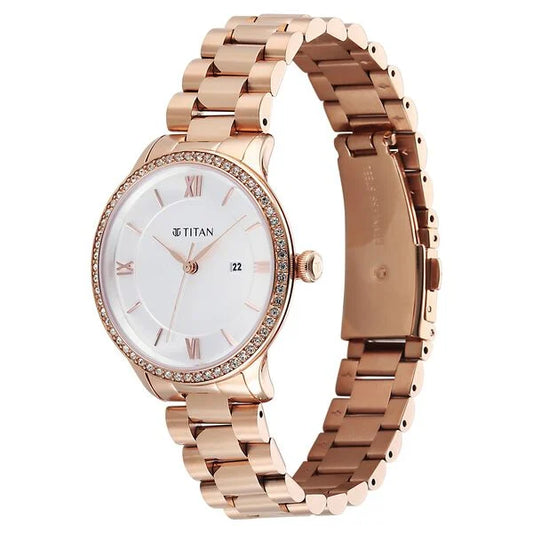 Titan Purple Prestige Quartz Analog with Date White Dial Rose Gold Stainless Steel Strap Watch For Women