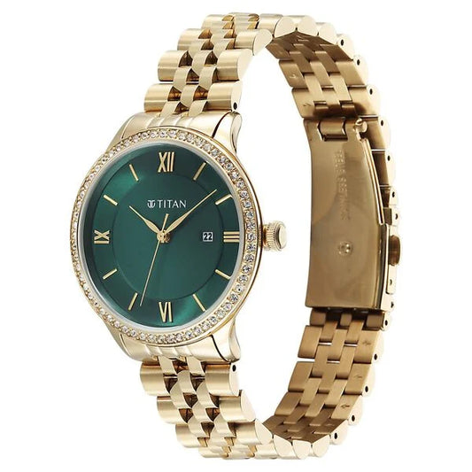 Titan Purple Prestige Quartz Analog with Date Green Dial Golden Stainless Steel Strap Watch For Women