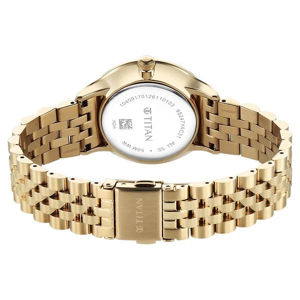 Titan Purple Prestige Quartz Analog with Date Green Dial Golden Stainless Steel Strap Watch For Women