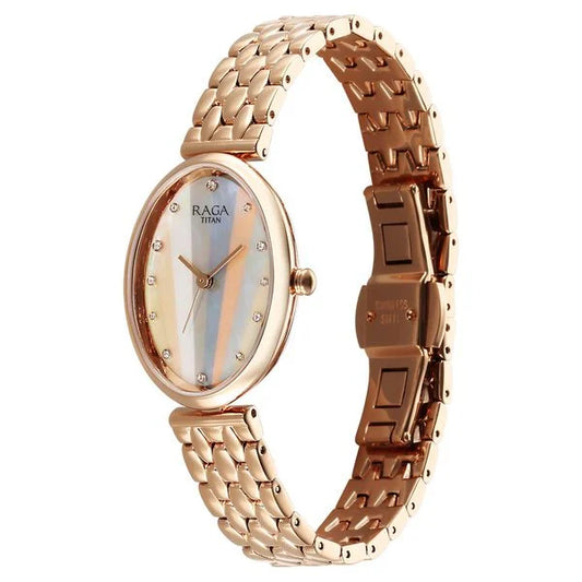 Titan Raga Memoirs Quartz Analog Mother Of Pearl Dial Rose Gold Metal Strap Oval Shaped Watch For Women nt95258wm01f