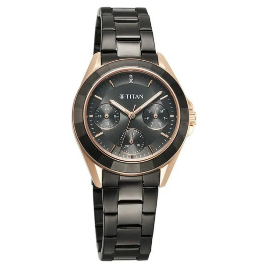 Titan Purple Glamour Quartz Multifunction Grey Dial Black Stainless Steel Strap Watch For Women nu95315km02