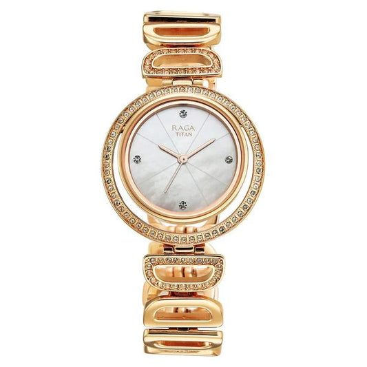 Titan Raga Glimmers Quartz Analog Mother of Pearl Dial Rose Gold Metal Strap Watch For Women nu95329wm01f