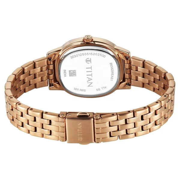 Titan Purple Glamour Quartz Analog Brown Dial Rose Gold Stainless Steel Strap Watch For Women nu95332wm01