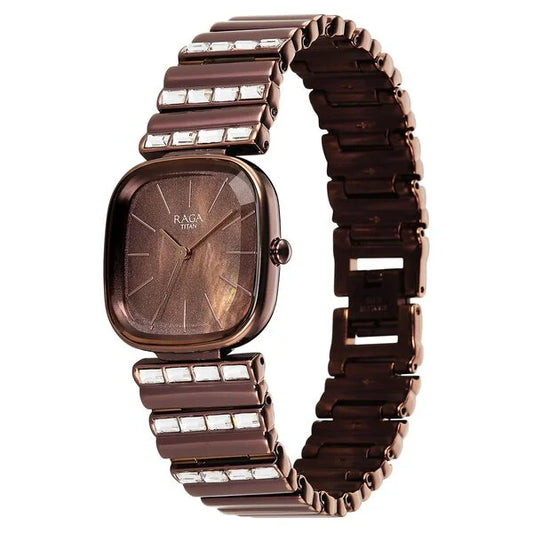 Titan Raga Glimmers Quartz Analog Brown Mother Of Pearl Dial Brown Metal Strap Watch For Women 95339qm01f