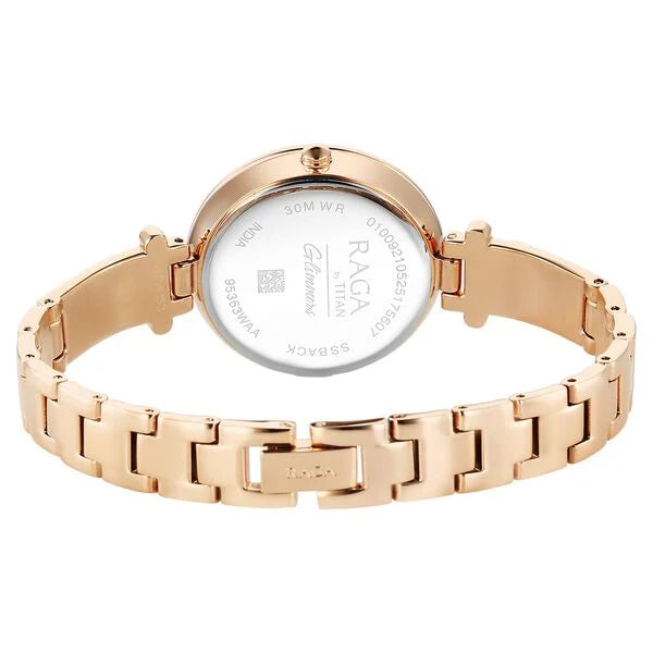 Titan Raga Glimmers Quartz Analog Mother of Pearl Dial Rose Gold Metal Strap Watch For Women nu95363wm01