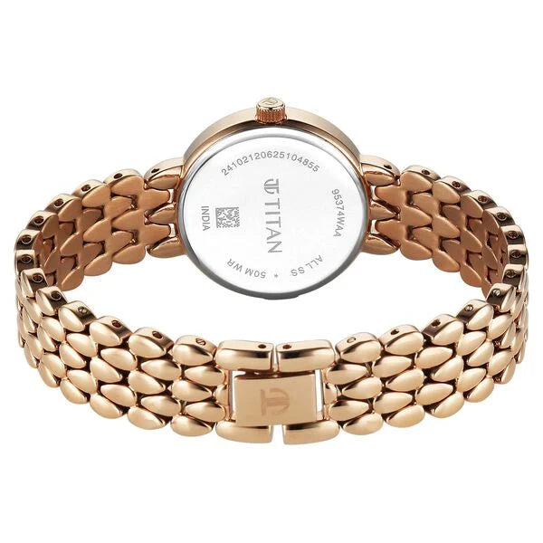 Titan Purple Glamour Quartz Analog Mother Of Pearl Dial Rose Gold Stainless Steel Strap Watch For Women nu95374wm01