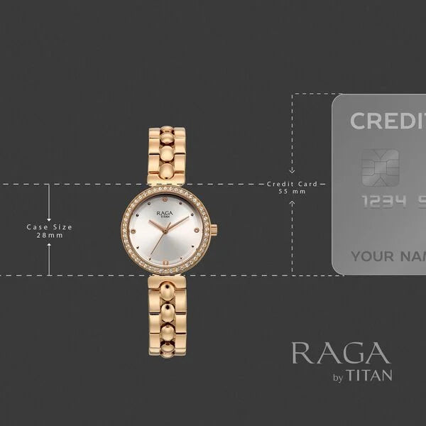 Raga Showstopper Quartz Analog Silver Dial Rose Gold Metal Strap Watch For Women