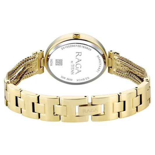 Raga Showstopper Quartz Analog Mother of Pearl Dial Golden Metal Strap Watch For Women 95462ym01