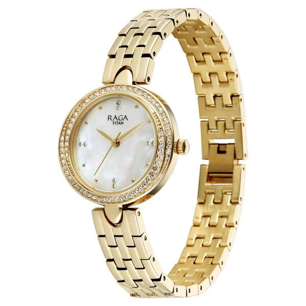 Raga Showstopper Quartz Analog Mother of Pearl Dial Golden Metal Strap Watch For Women 95463ym01