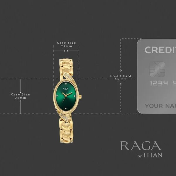 Raga Showstopper Quartz Analog Green Dial Golden Metal Strap Watch For Women 95480ym01