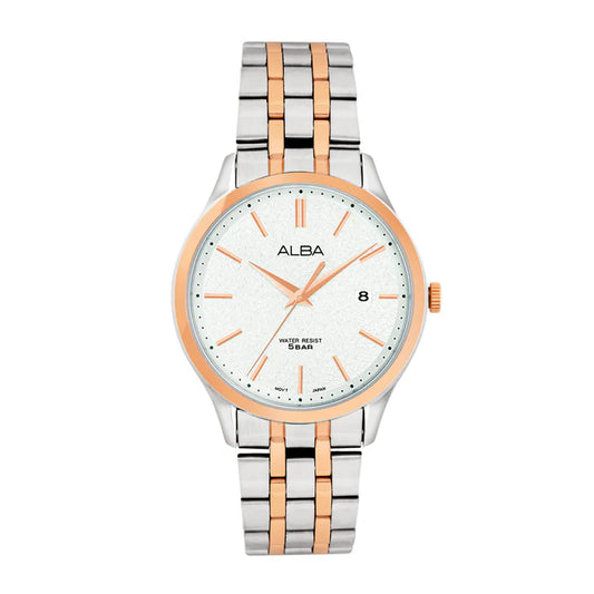 Alba AS9R28X1 White Marble Dial with Rose Gold+Silver Metal Strap
