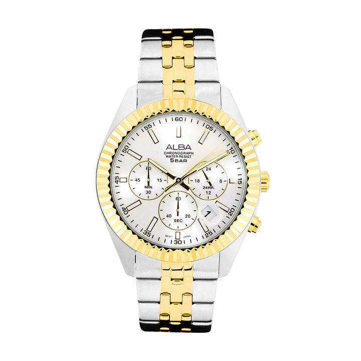 Alba AT3H14X1 White+Gold Dial Chronograph