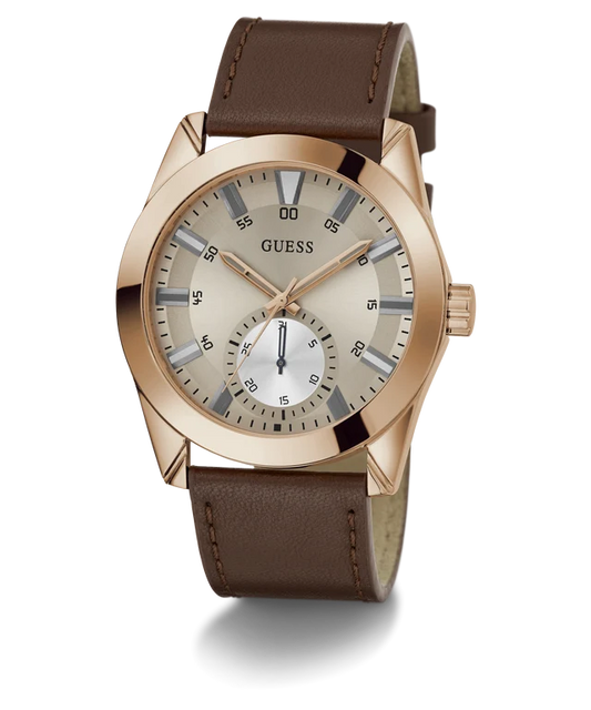 GUESS Grayson Analog Watch for Man with Grey Round Dial & Brown Leather Strap Band Water Resistant Men's Wrist Watches - GW0793G3