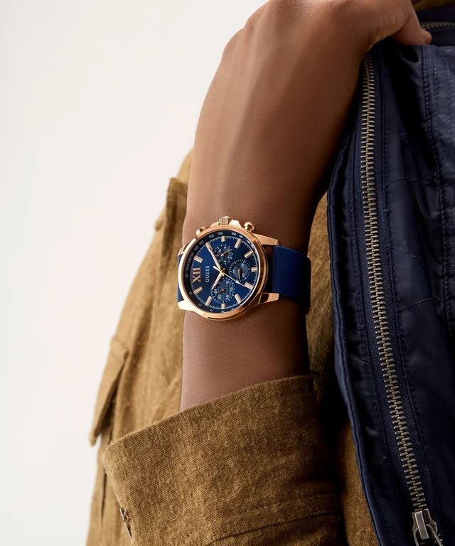 GUESS Mens Blue Rose Gold Tone Multi-function Watch GW0913G1