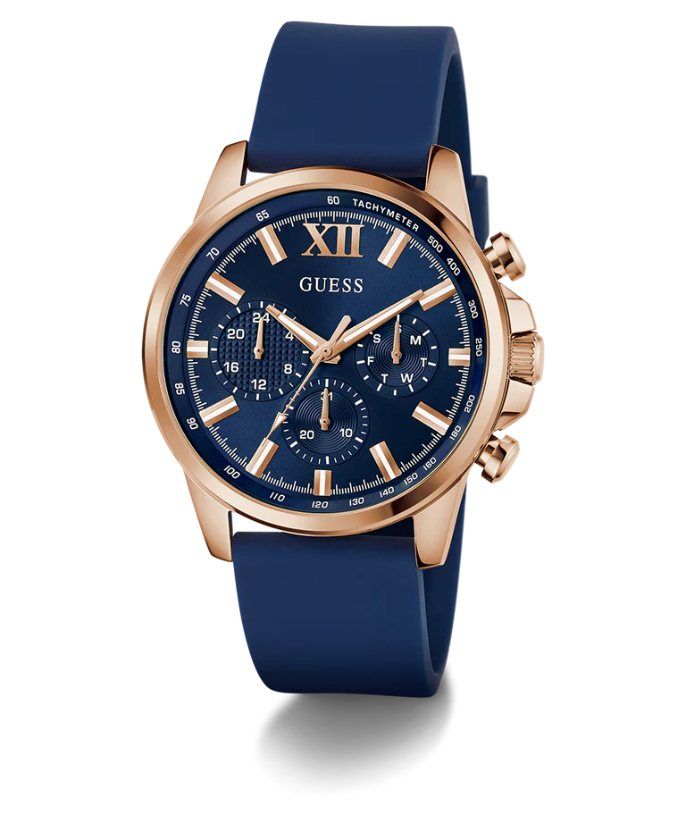 GUESS Mens Blue Rose Gold Tone Multi-function Watch GW0913G1