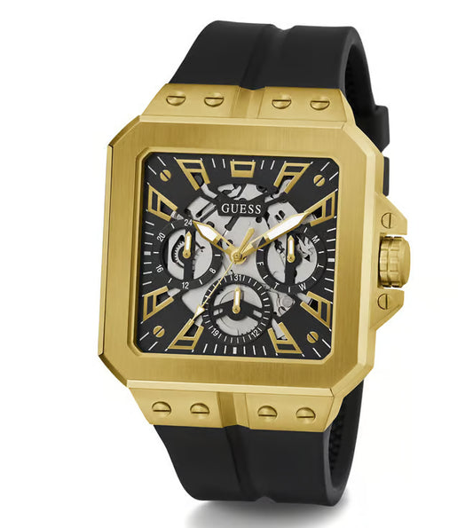 GUESS Men's 42mm Watch - Black Strap Black Dial Gold Tone Case GW0637G2