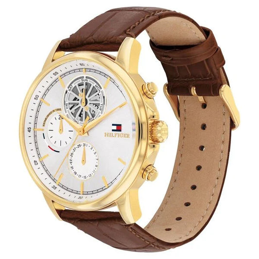 Tommy Hilfiger Quartz Multifunction Silver Dial Brown Leather Strap Watch for Men ntth1710631