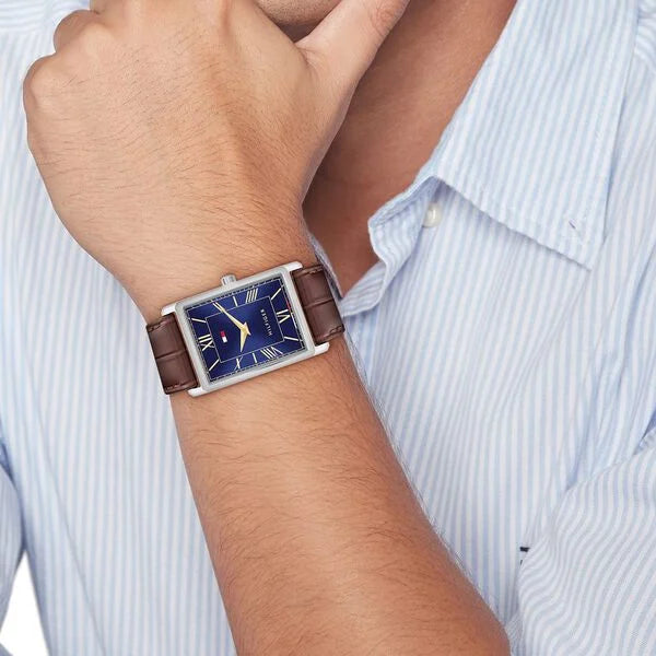 Tommy Hilfiger Quartz Analog Blue Dial Brown Leather Strap Watch For Men TH1710771W