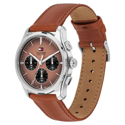 Tommy Hilfiger Quartz Multifunction Black Dial Brown Leather Strap Watch For Men
