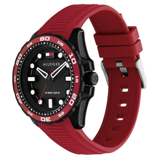 Tommy Hilfiger Quartz Analog Black Dial Red Silicone Strap Watch For Men