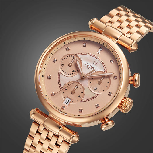 Xylys Quartz Chronograph Rose Gold Dial Gold Stainless Steel Strap Analog Watch  - For Women 45025WM01E