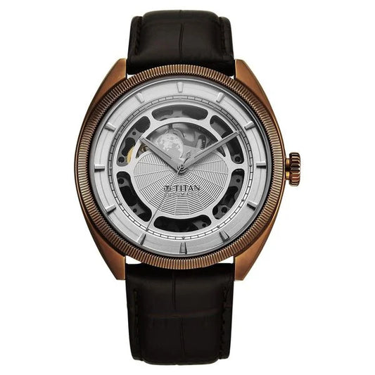Titan Stellar Cupola Automatic Analog with Sun Moon Phase and Silver Dial Brown Leather Strap Watch for Men 10011ql01