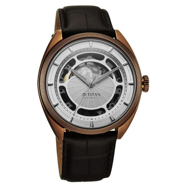 Titan Stellar Cupola Automatic Analog with Sun Moon Phase and Silver Dial Brown Leather Strap Watch for Men 10011ql01