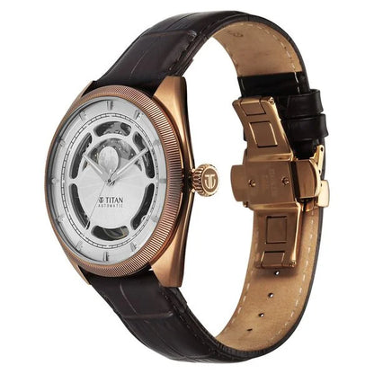 Titan Stellar Cupola Automatic Analog with Sun Moon Phase and Silver Dial Brown Leather Strap Watch for Men 10011ql01