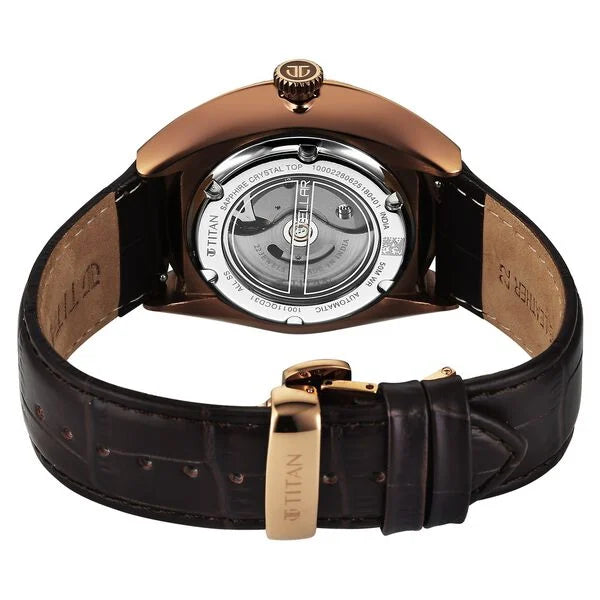 Titan Stellar Cupola Automatic Analog with Sun Moon Phase and Silver Dial Brown Leather Strap Watch for Men 10011ql01