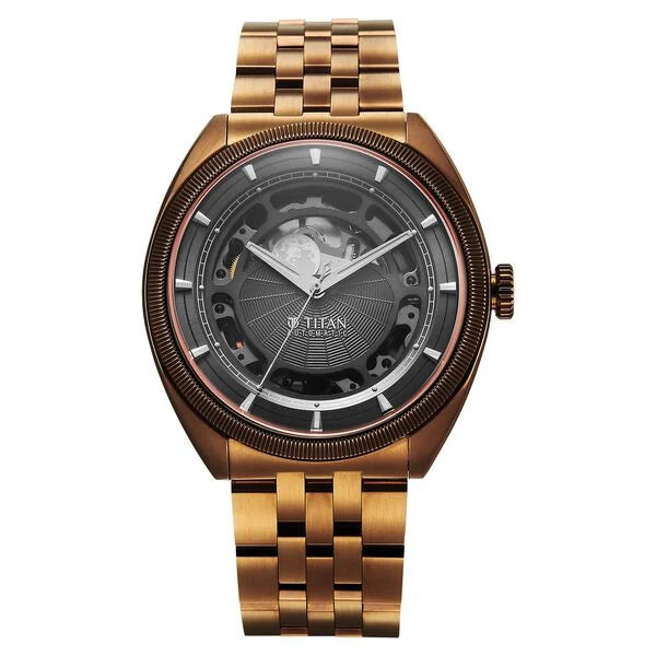 Titan Stellar Cupola Automatic Analog with Sun Moon Phase and Gray Dial IP Bronze Stainless Steel Strap Watch for Men 10011qm01