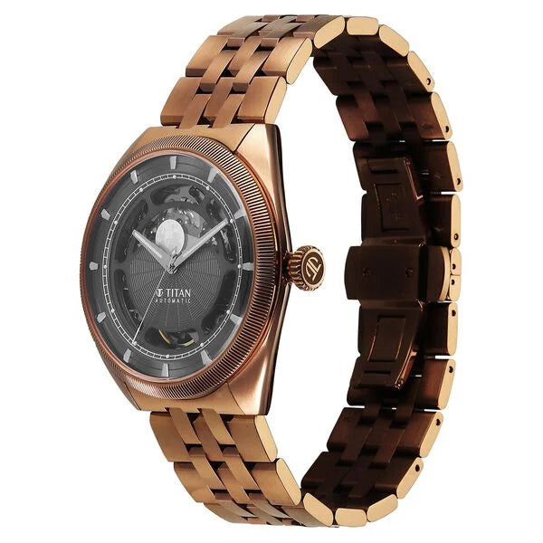 Titan Stellar Cupola Automatic Analog with Sun Moon Phase and Gray Dial IP Bronze Stainless Steel Strap Watch for Men 10011qm01