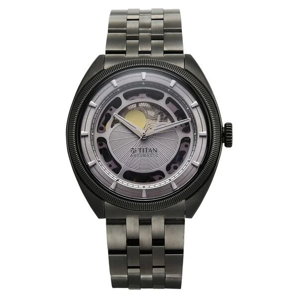 Titan Stellar Cupola Automatic Analog with Sun Moon Phase and Silver Dial Dark Gun Stainless Steel Strap Watch for Men 10011qm02