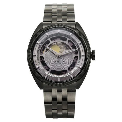 Titan Stellar Cupola Automatic Analog with Sun Moon Phase and Silver Dial Dark Gun Stainless Steel Strap Watch for Men 10011qm02