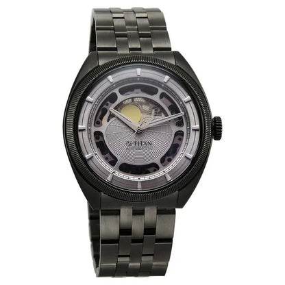 Titan Stellar Cupola Automatic Analog with Sun Moon Phase and Silver Dial Dark Gun Stainless Steel Strap Watch for Men 10011qm02