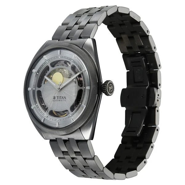Titan Stellar Cupola Automatic Analog with Sun Moon Phase and Silver Dial Dark Gun Stainless Steel Strap Watch for Men 10011qm02