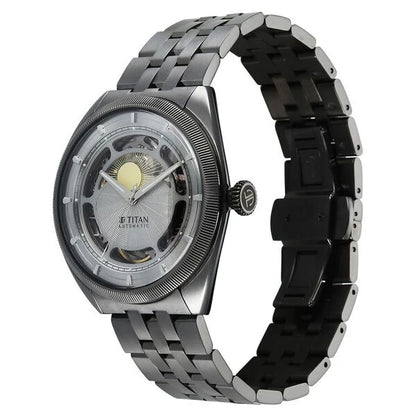 Titan Stellar Cupola Automatic Analog with Sun Moon Phase and Silver Dial Dark Gun Stainless Steel Strap Watch for Men 10011qm02