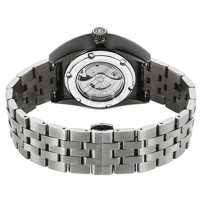Titan Stellar Cupola Automatic Analog with Sun Moon Phase and Silver Dial Dark Gun Stainless Steel Strap Watch for Men 10011qm02