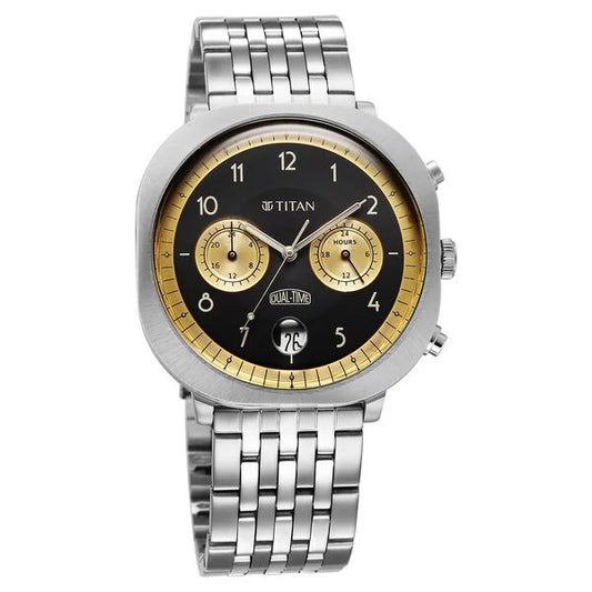 Titan Timeless Treasures Quartz Analog Dual Time Black Dial With Silver Color Stainless Steel Strap Watch For Men nt10022sm02 Men's Watch