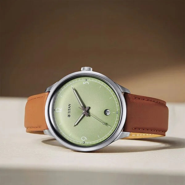 Titan Timeless Treasures Quartz Analog with Date Green Dial With Brown Color Leather Strap Watch For Men 10023sl01