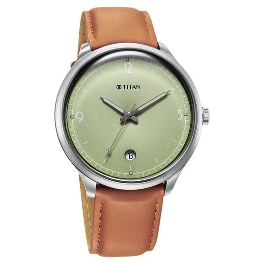 Titan Timeless Treasures Quartz Analog with Date Green Dial With Brown Color Leather Strap Watch For Men 10023sl01