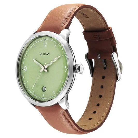Titan Timeless Treasures Quartz Analog with Date Green Dial With Brown Color Leather Strap Watch For Men 10023sl01