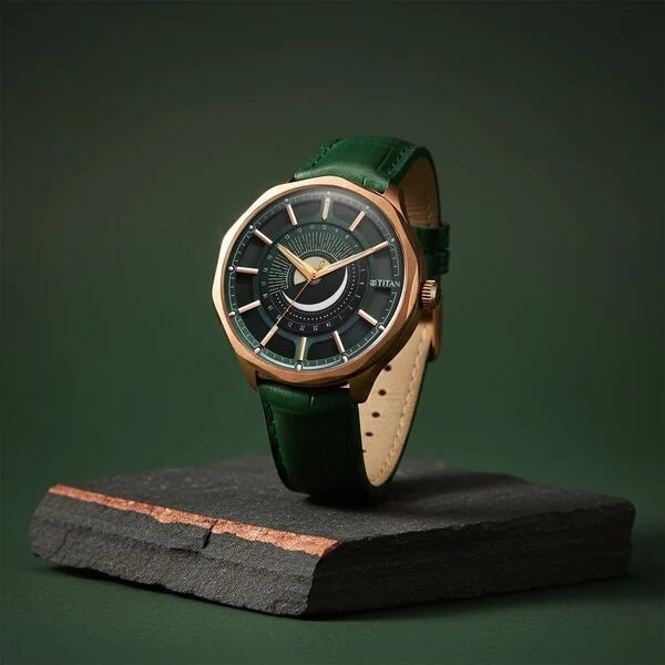Titan Stellar Analog with Sun Moon Phase and Green Dial Green Leather Strap Watch for Men 10028ql01