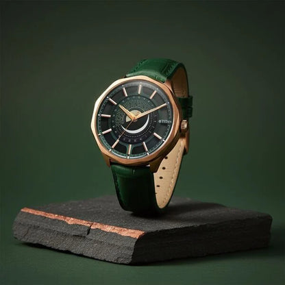 Titan Stellar Analog with Sun Moon Phase and Green Dial Green Leather Strap Watch for Men 10028ql01