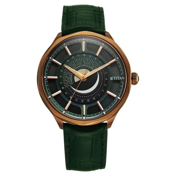 Titan Stellar Analog with Sun Moon Phase and Green Dial Green Leather Strap Watch for Men 10028ql01